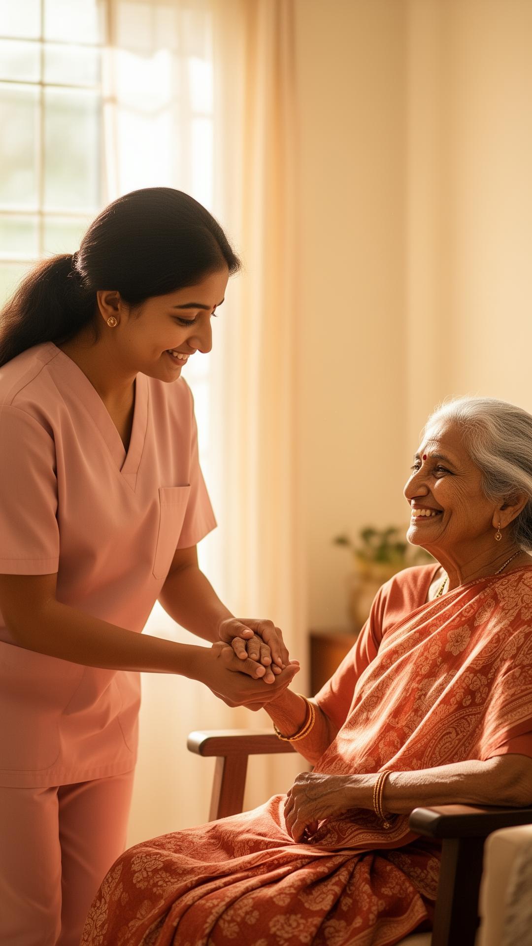 Caregiver holding the hand of a smiling elderly patient at home